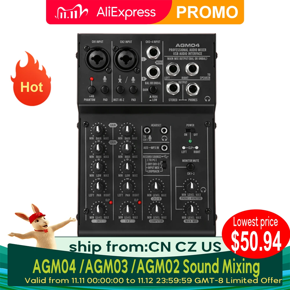 AGM04 /AGM03 /AGM02 Sound Mixing Console Digital Audio Mixer Mini 4-Channel 2-band EQ 48V Phantom Power 5V USB Power mixer audio 
AGM04 /AGM03 /AGM02 Sound Mixing Console Digital Audio Mixer Mini 4-Channel 2-band EQ 48V Phantom Power 5V USB Power mixer audio