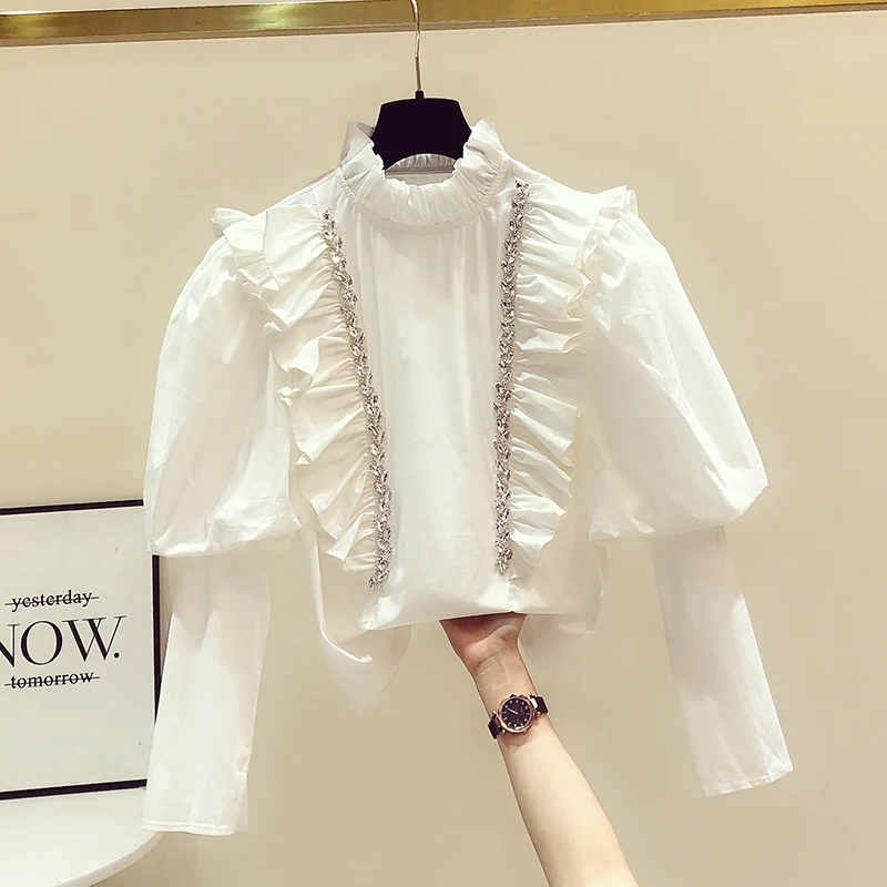 Ruffled Stand Collar Puff Sleeve Blouse Diamond Loose Shirt Women's 2021 Autumn and Winter New Shirts Elegant Women Blusas Mujer
Ruffled Stand Collar Puff Sleeve Blouse Diamond Loose Shirt Women's 2021 Autumn and Winter New Shirts Elegant Women Blusas Mujer