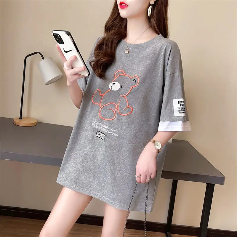 Embroidered Fake Two-Piece Patch Tide Brand Mid-Length Short-Sleeved T-Shirt Women'S New Loose Top
Embroidered Fake Two-Piece Patch Tide Brand Mid-Length Short-Sleeved T-Shirt Women'S New Loose Top