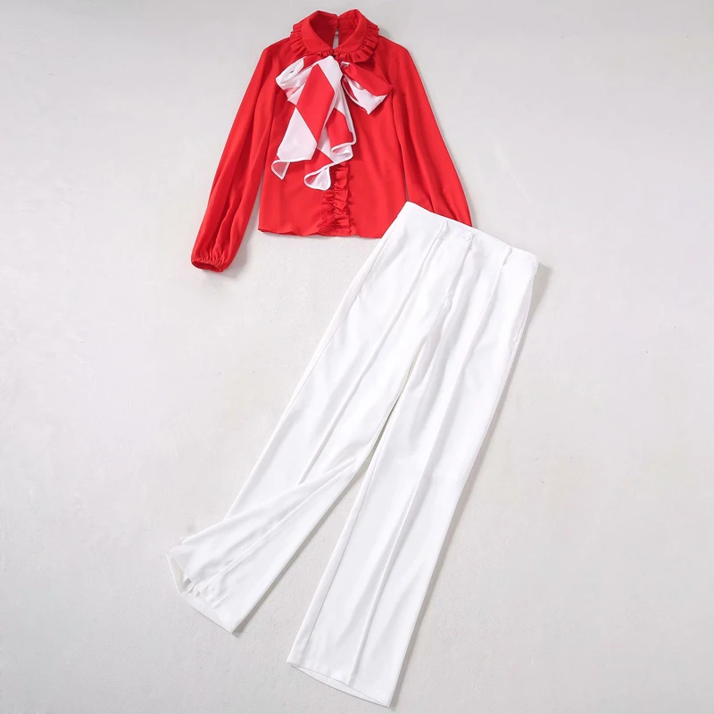 New HIGH QUALITY 2021 Designer Runway Suit Set Women's Peter pan Collar Long Sleeve Ribbons Ruffles shirt long pants Suit
New HIGH QUALITY 2021 Designer Runway Suit Set Women's Peter pan Collar Long Sleeve Ribbons Ruffles shirt long pants Suit