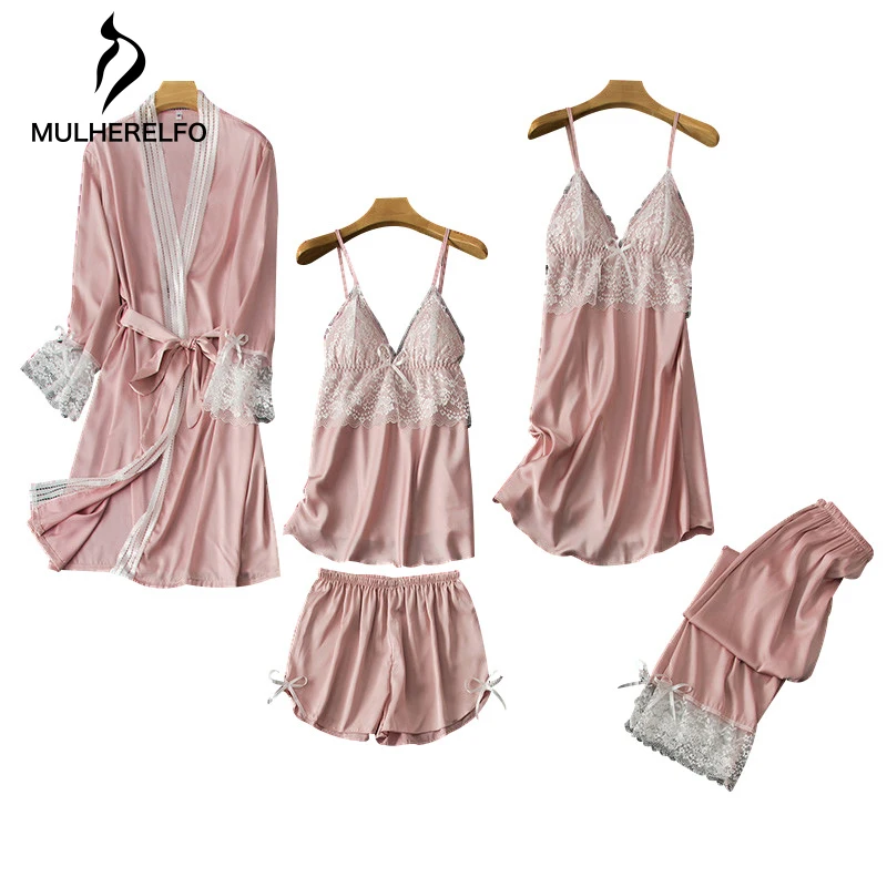 Patchwork Lace Deep V Nack Women Sexy Nightowns Spaghetti Straps Bownot Female Nightwear Temperament Robe Split Pajamas 5-Pc Set
Patchwork Lace Deep V Nack Women Sexy Nightowns Spaghetti Straps Bownot Female Nightwear Temperament Robe Split Pajamas 5-Pc Set