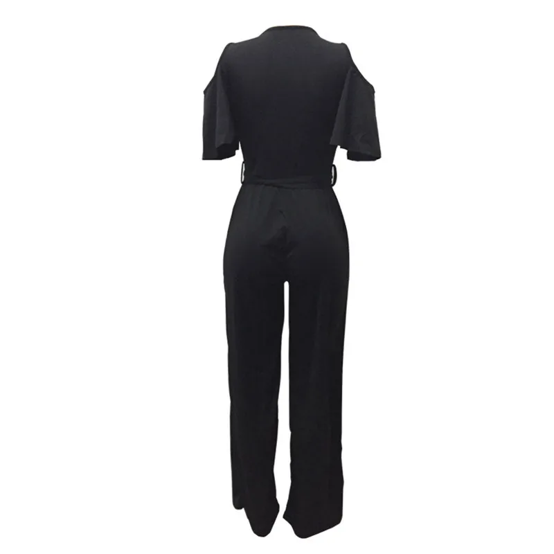 Women Fashion Solid Jumpsuit Black Deep V-neck Short Sleeve Off-the-shoulder Overall With Waistband Office Ladies Clothes
Women Fashion Solid Jumpsuit Black Deep V-neck Short Sleeve Off-the-shoulder Overall With Waistband Office Ladies Clothes