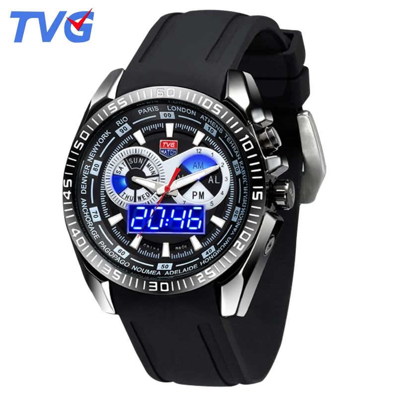 Sports Men Watches Quartz Dual Movement Men Clock Waterproof TVG 468G Brand Military Men Rubber Watchband Blue LED Dual Display
Sports Men Watches Quartz Dual Movement Men Clock Waterproof TVG 468G Brand Military Men Rubber Watchband Blue LED Dual Display