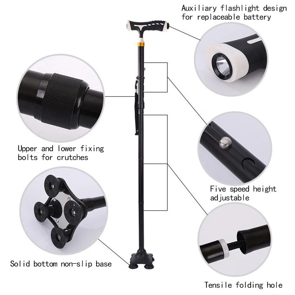 LED Light Folding Walking Stick Trekking T-handle Collapsible Telescopic Hiking Cane Four-legged With Lamp Non-slip Safe | Спорт и