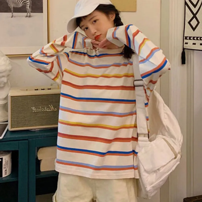 Rainbow Stripe Print T Shirt Autumn Harajuku Female Shirt Long Sleeve Plus Size Tshirts Women Korean Tops S1
Rainbow Stripe Print T Shirt Autumn Harajuku Female Shirt Long Sleeve Plus Size Tshirts Women Korean Tops S1