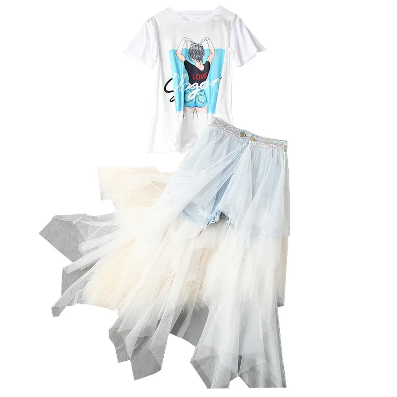 Luxury Quality 2020 Summer Women Cartoon Print T-shirt + Irregular Mesh Patchwork Denim Shorts Beading 2 Piece sets
Luxury Quality 2020 Summer Women Cartoon Print T-shirt + Irregular Mesh Patchwork Denim Shorts Beading 2 Piece sets