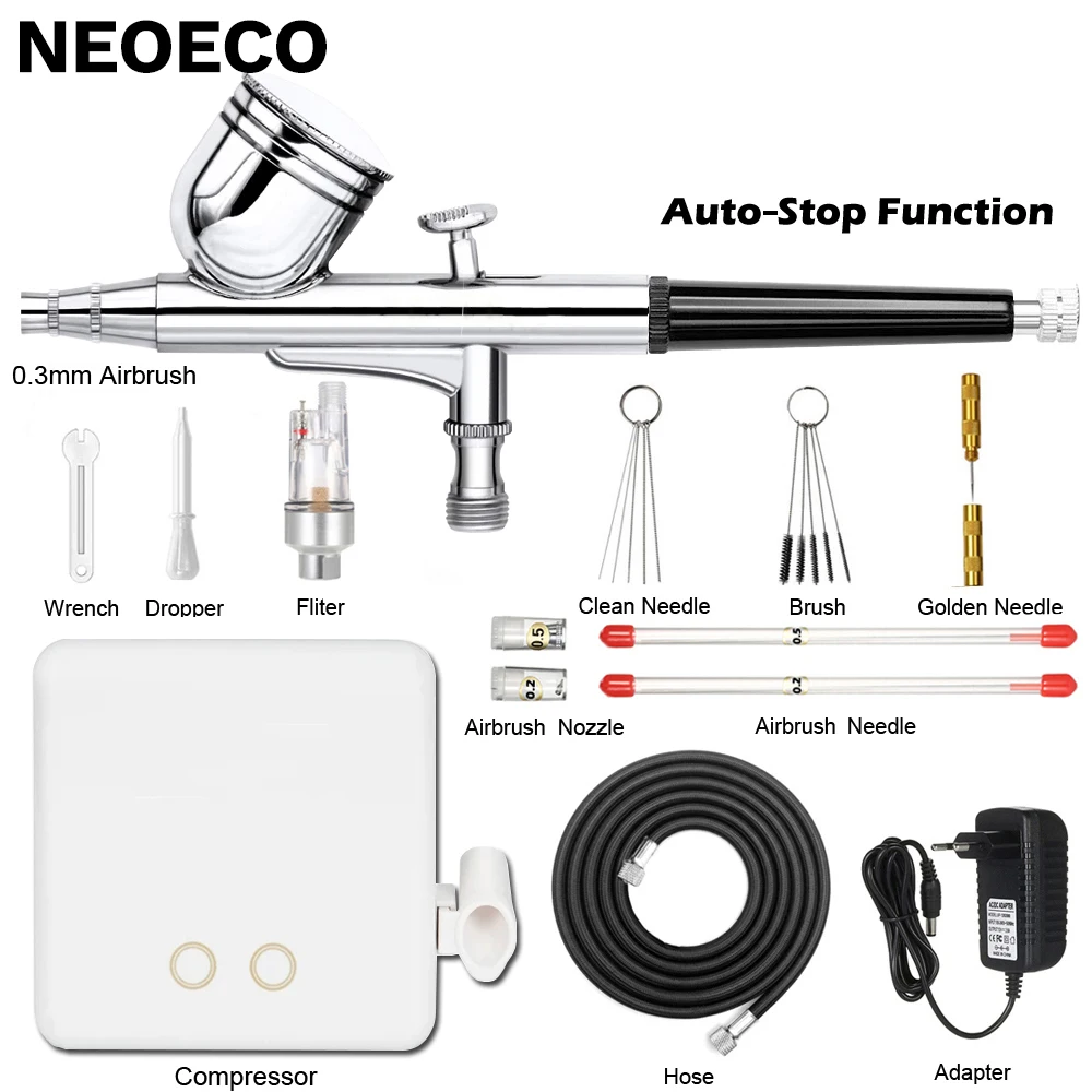 Auto Stop Function Dual-Action Airbrush Compressor 0.2mm/0.3mm/0.5mm Set Kit Spray Gun Adjustable Power Touch Switch Cake Model 
Auto Stop Function Dual-Action Airbrush Compressor 0.2mm/0.3mm/0.5mm Set Kit Spray Gun Adjustable Power Touch Switch Cake Model