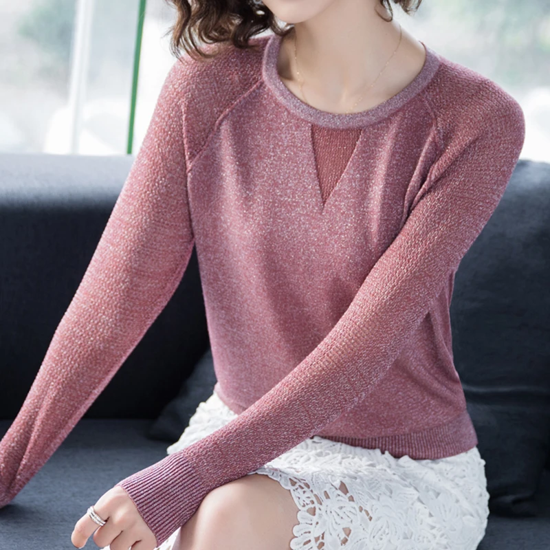 

Блестящий шелковый пуловер shintimes с длинным рукавом, свитер, вязаная женская одежда, осень 2022, ажурные облегающие высокоэластичные женские п...