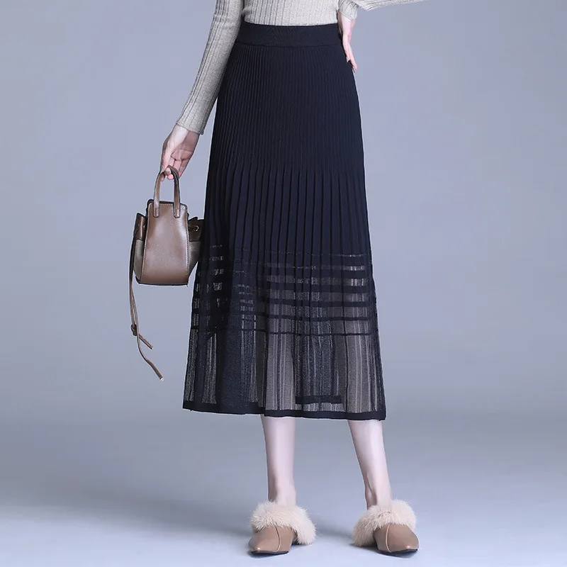 Autumn Winter Women Fashion Splice Mesh See Through Knitted Black Skirt Ladies Elegant Loose High Waist Long Pleated Skirts 7025
Autumn Winter Women Fashion Splice Mesh See Through Knitted Black Skirt Ladies Elegant Loose High Waist Long Pleated Skirts 7025