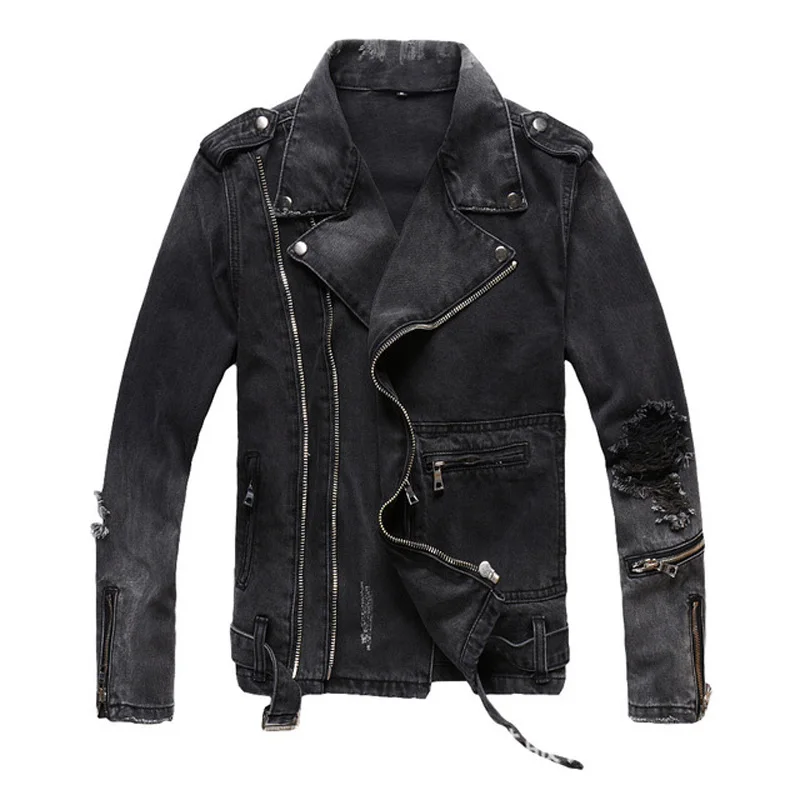 

New Men's male fashion casual zippers black denim jean biker jacket for motorcycle Vintage epaulet holes ripped distressed coat