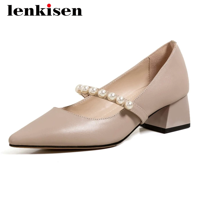Lenkisen big size natural leather pearl decorations sweet pointed toe thick med heel slip on beauty girls noble women pumps L08
Lenkisen big size natural leather pearl decorations sweet pointed toe thick med heel slip on beauty girls noble women pumps L08