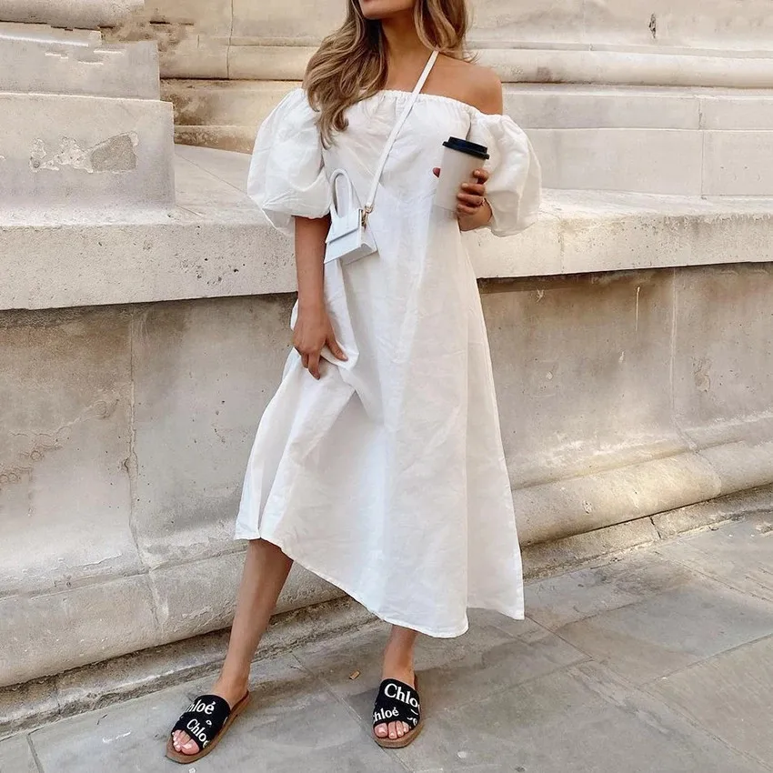 Casual Women Dress High Waist Cotton White Puff Sleeve Loose A-Line Long Dresses Ladies Office Work Off Shoulder Dress 2021
Casual Women Dress High Waist Cotton White Puff Sleeve Loose A-Line Long Dresses Ladies Office Work Off Shoulder Dress 2021