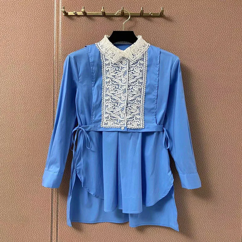 2021 New Cotton Blouse Women Designer Runway Lace Embroidery Shirts Asymmetric Long Sleeve Summer Long Blue Tops
2021 New Cotton Blouse Women Designer Runway Lace Embroidery Shirts Asymmetric Long Sleeve Summer Long Blue Tops
