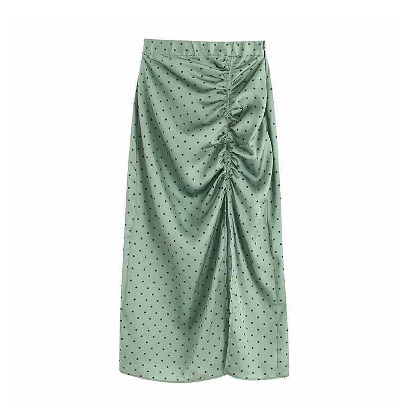 

ZA Women Vintage Elegant Polka Dot Pleated Midi Skirt Fashion Elastic Waist Side Zipper Slit Female Skirts Chic Faldas Mujer