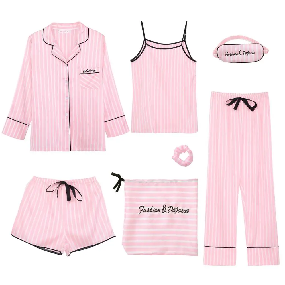 2020 new Pink Women's 7 Pieces Emulation Silk Pajamas Sets Striped Pyjama Women Sleepwear Sets Summer Autumn Homewear
2020 new Pink Women's 7 Pieces Emulation Silk Pajamas Sets Striped Pyjama Women Sleepwear Sets Summer Autumn Homewear