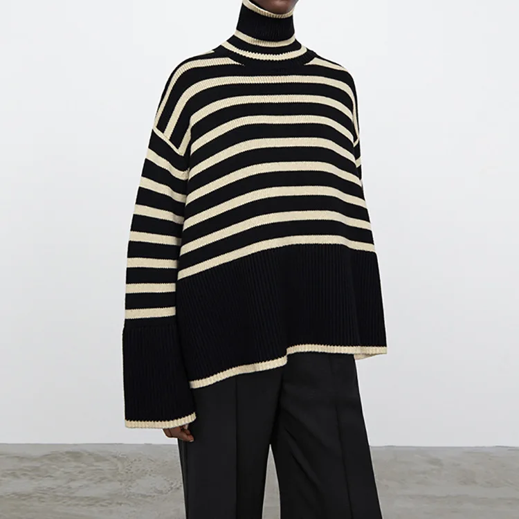 

Женский свитер, новинка 2021, свитер в полоску с высоким воротником и широким рукавом, шерстяной плотный вязаный пуловер свободного кроя, Топ