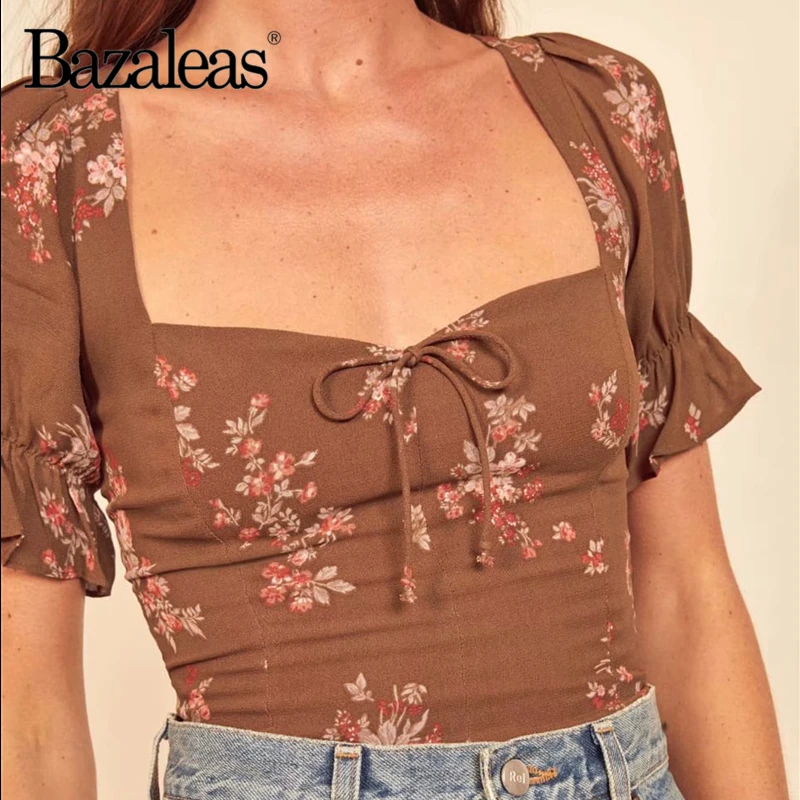 Bazaleas Vintage Slim Short Sleeve Blouse Elegant Floral Print Brown Blusas Mujer De Moda Center Bow Blouse Female
Bazaleas Vintage Slim Short Sleeve Blouse Elegant Floral Print Brown Blusas Mujer De Moda Center Bow Blouse Female