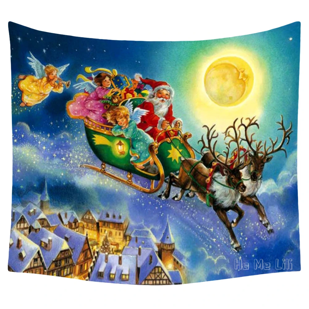 

Merry Christmas Santa Flew Through The Air On A Sleigh Pulled By An Elk Holiday Tapestry For Living Room Bathroom Kitchen Decor