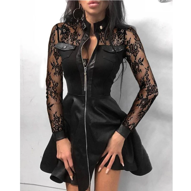 Autumn Zipper Pockets PU Leather Dress Women Sexy Lace Mesh Sleeve Patchwork Party Dress Elegant Stand Neck Button Mini Dresses
Autumn Zipper Pockets PU Leather Dress Women Sexy Lace Mesh Sleeve Patchwork Party Dress Elegant Stand Neck Button Mini Dresses