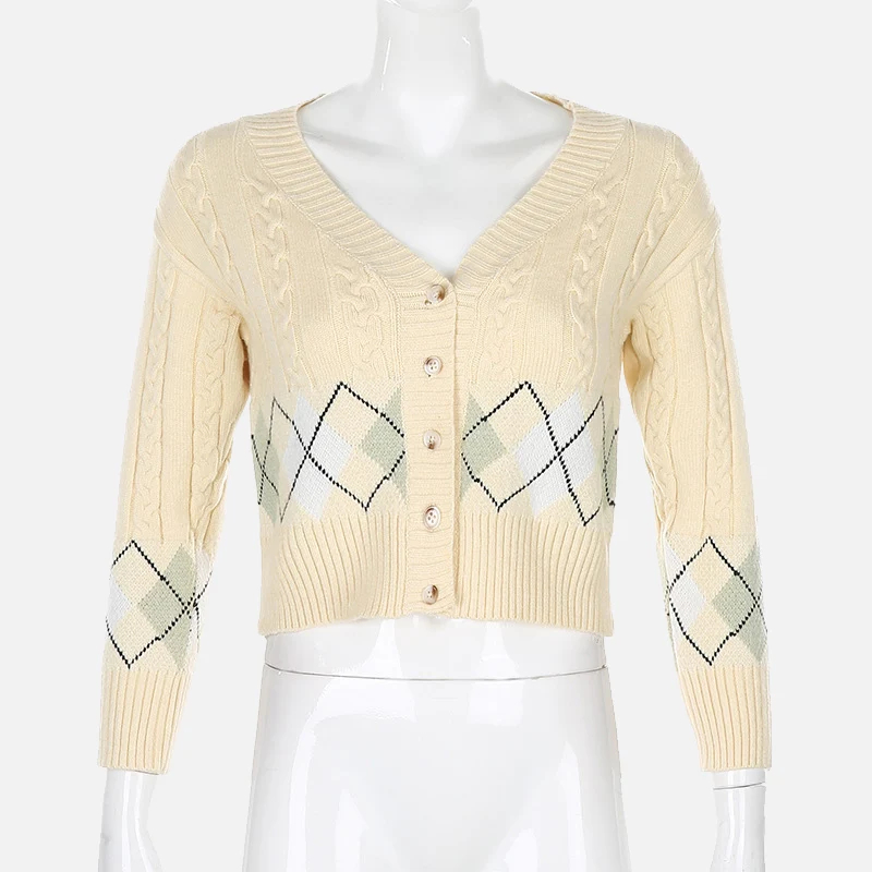 Autumn Argyle Printed Short Women's Sweater Long Sleeve V-Neck Single Breasted Female Cardigans Streetwear Slim Ladies Clothes
Autumn Argyle Printed Short Women's Sweater Long Sleeve V-Neck Single Breasted Female Cardigans Streetwear Slim Ladies Clothes