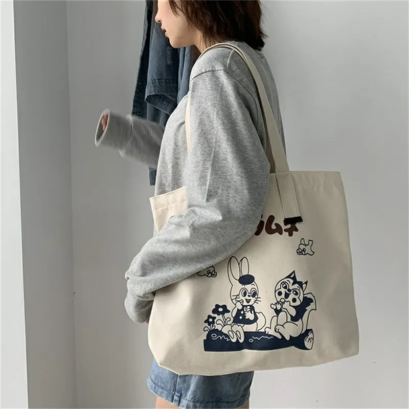 

B02232 японский стиль большие парусиновые сумки для женщин милый кролик печати сумка на плечо дамы йога студент школьные ранцы