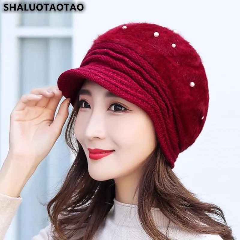 

SHALUOTAOTAO Beret For Women New Rabbit Velvet Berets Fashion Pearl Ear Protectors Knitted Cap Ladies Brands Thermal Winter Hat