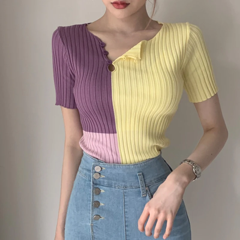 Summer Women Elegant T-shirts Ice Silk Knitted Short Sleeves Tee Shirt Female Chic Splicing Color Elastic Breathable O-Neck Tops
Summer Women Elegant T-shirts Ice Silk Knitted Short Sleeves Tee Shirt Female Chic Splicing Color Elastic Breathable O-Neck Tops