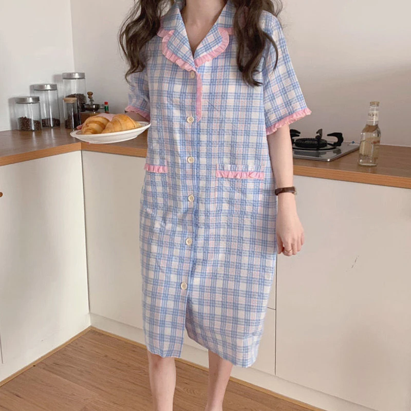 QWEEK Plaid Summer Light Dresses Woman Cotton Sleepwear Korean Vintage Blue Nightgown Lace Nightwear Cute Nightie Lounge Wear
QWEEK Plaid Summer Light Dresses Woman Cotton Sleepwear Korean Vintage Blue Nightgown Lace Nightwear Cute Nightie Lounge Wear