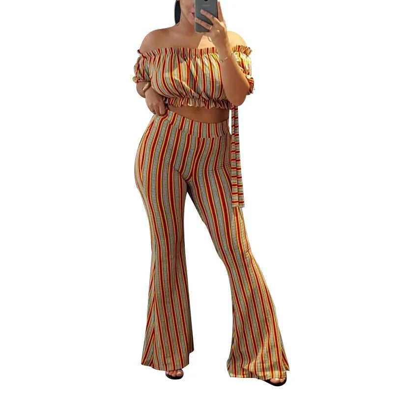 2020 Summer Women Two Piece Sets Short Tops Long Flare Pants Slash Neck Orange Striped High Waist Ladies Street Clothes Set | Женская