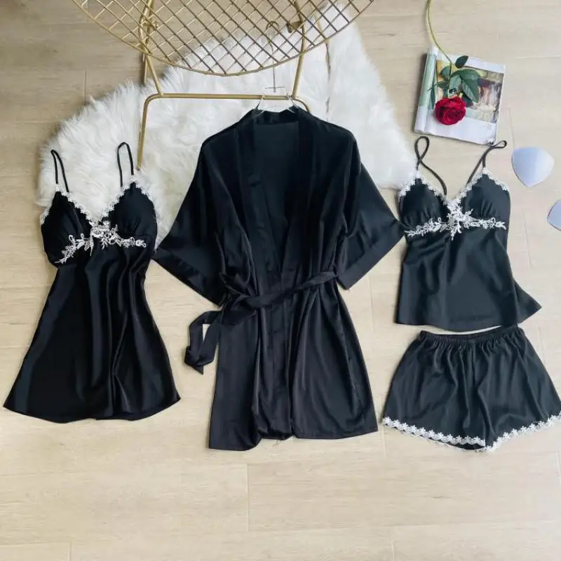 Satin Pajamas With Shorts Women Four Pieces Pj's Sets Lace Trim Sleepwear Sexy Comfy Kimono Robe Gown Suit V-Neck Lingerie
Satin Pajamas With Shorts Women Four Pieces Pj's Sets Lace Trim Sleepwear Sexy Comfy Kimono Robe Gown Suit V-Neck Lingerie