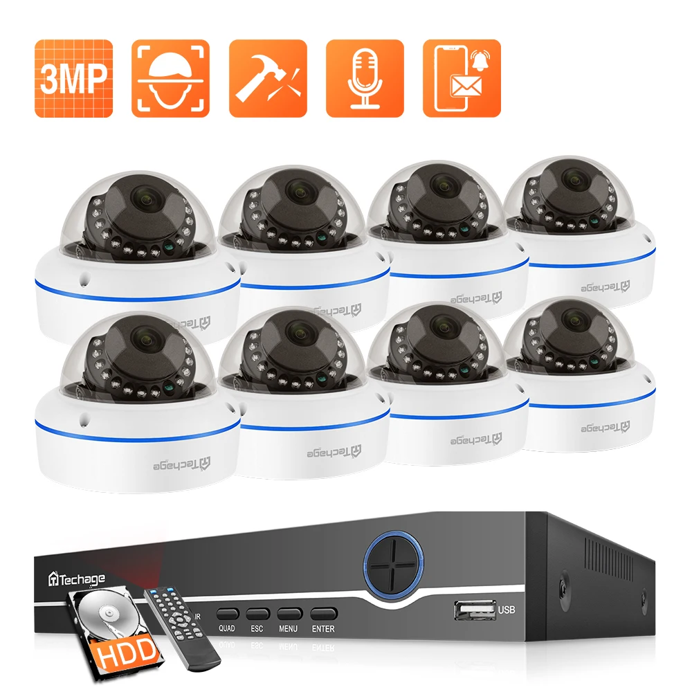 

Techage H.265 8CH 3MP Indoor Dome Video Surveillance Set Audio Record PoE NVR Kit CCTV System Vandal Proof Security IP Camera