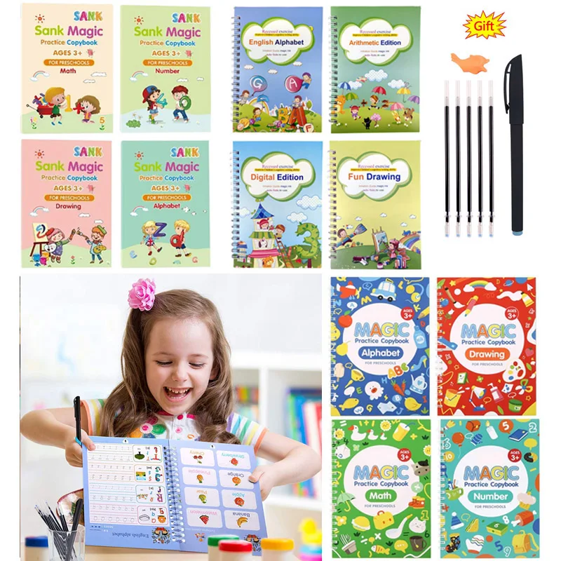 

4 Books/Sets of Magic Exercise Book, Reusable Children’s Toys To Write English Numbers and Letters Montessori 3D Calligraphy