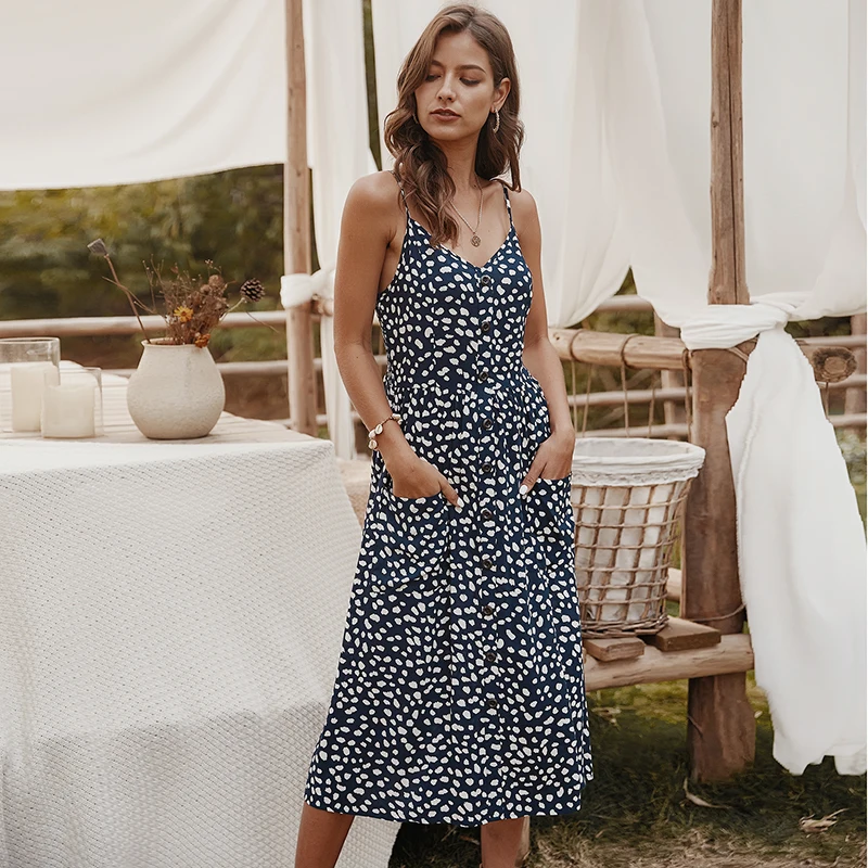 Sale 2021 Summer Sling Print Women Dress Button Decoration Pocket Female Dress High Waist Casual Sleeveless Beach Dresses
Sale 2021 Summer Sling Print Women Dress Button Decoration Pocket Female Dress High Waist Casual Sleeveless Beach Dresses