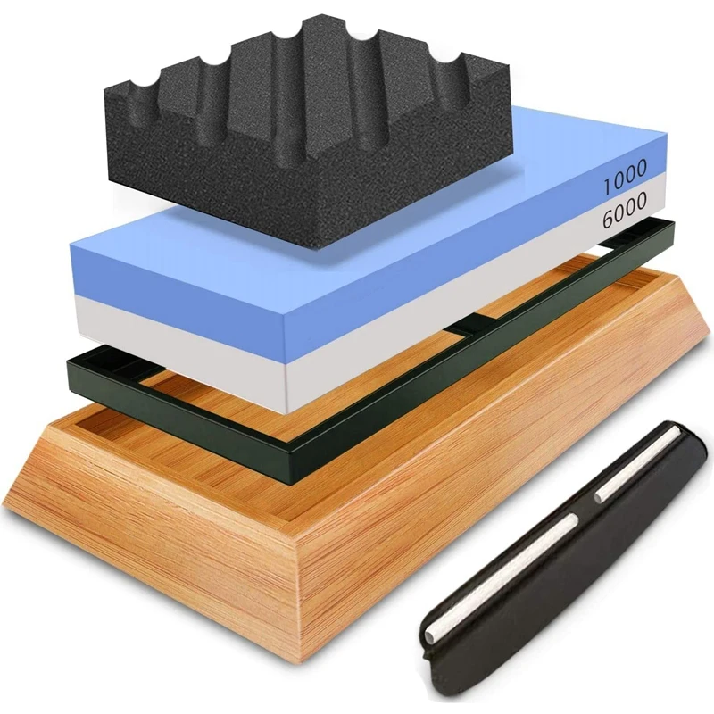 Whetstone Sharpener,1000/6000 Waterstone Compacted Stone Kitchen Sharpener With Angled Rail And Non-Slip Bamboo Base
Whetstone Sharpener,1000/6000 Waterstone Compacted Stone Kitchen Sharpener With Angled Rail And Non-Slip Bamboo Base