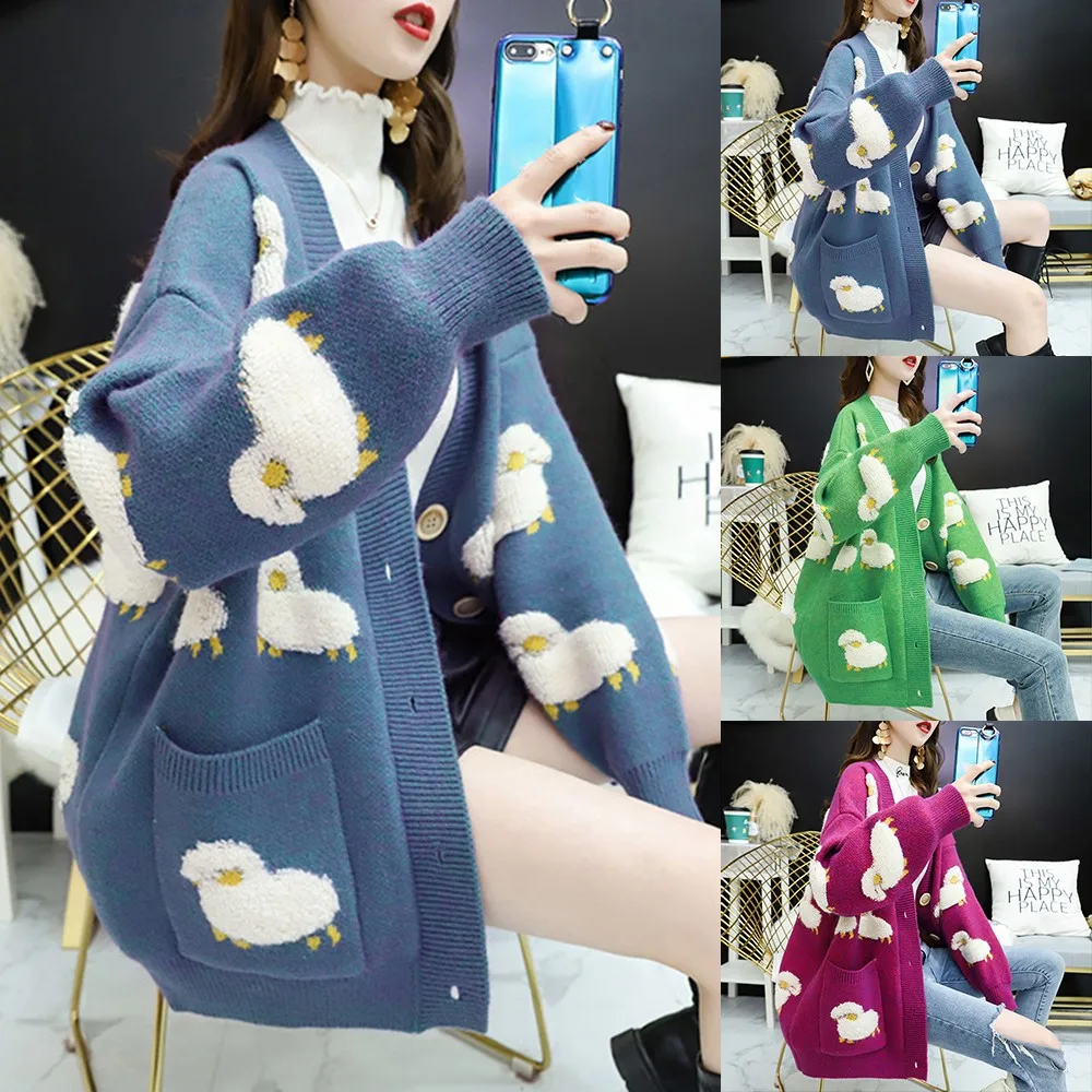 Women Korean Sweet Autumn Winter Knitted Thick Warm Sweater Cardigan Loose V-Neck Pullover Cartoon Print Jumper Tops
Women Korean Sweet Autumn Winter Knitted Thick Warm Sweater Cardigan Loose V-Neck Pullover Cartoon Print Jumper Tops