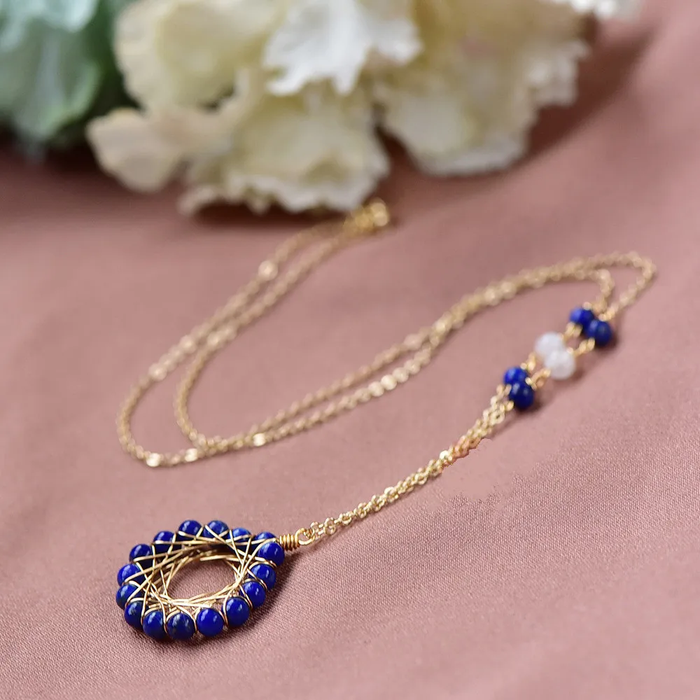 

Natural Lapis Lazuli Bead 14K Gold Filled Round Pendant Necklace Handmade Winding Sweater Chain Women Girl Ethnic Jewelry Gift