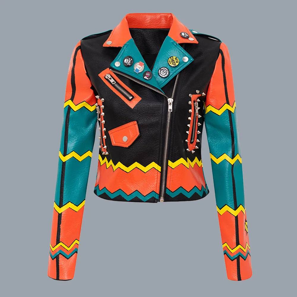 2021 Autumn Winter New Fashion Chic Punk Printed Patchwork Rivet PU Jacket Western Color Block Zipper Plus Size Woman Jackets
2021 Autumn Winter New Fashion Chic Punk Printed Patchwork Rivet PU Jacket Western Color Block Zipper Plus Size Woman Jackets
