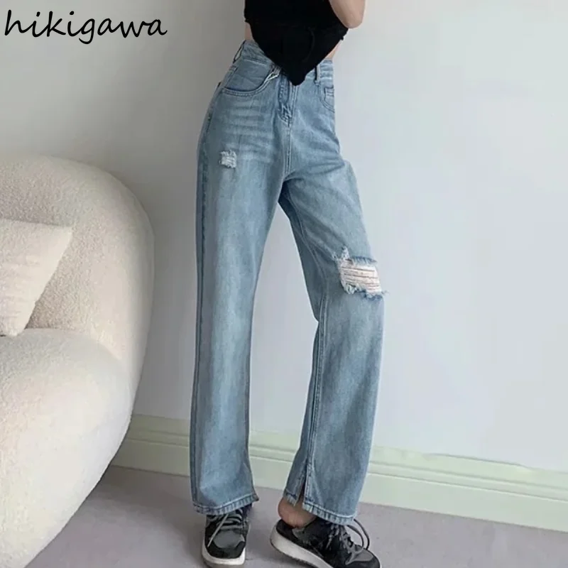 Джинсы Hikigawa женские с широкими штанинами, офисные элегантные Прямые рваные джинсы с завышенной талией и разрезом 
Джинсы Hikigawa женские с широкими штанинами, офисные элегантные Прямые рваные джинсы с завышенной талией и разрезом