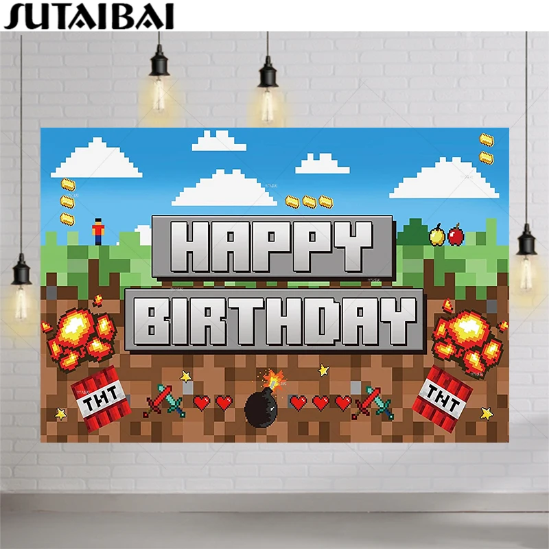 

Boy Happy Birthday Party Photography Backdrops Dynamite Pixel Video Game Photo Booth Background Birthday Party Decoration Banner