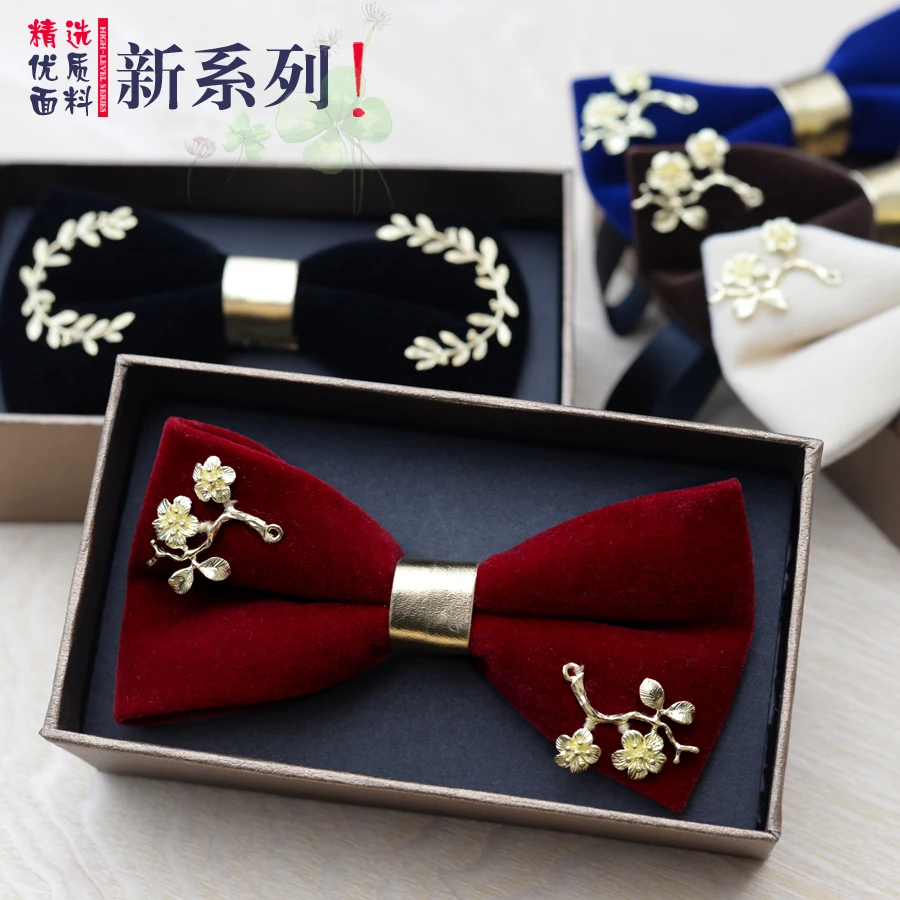 

New Fashion Men's Gold Velvet Bowtie Christmas Metal Decorated Wedding Luxury Bow Ties Trendy Collar Jewelry Gifts for Men