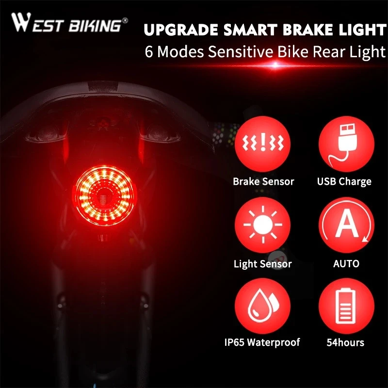 

WEST BIKING Bicycle Rear Light Smart Auto Brake Sensing Light USB Charge LED Cycling Taillight IPx6 Waterproof Bike Accessories