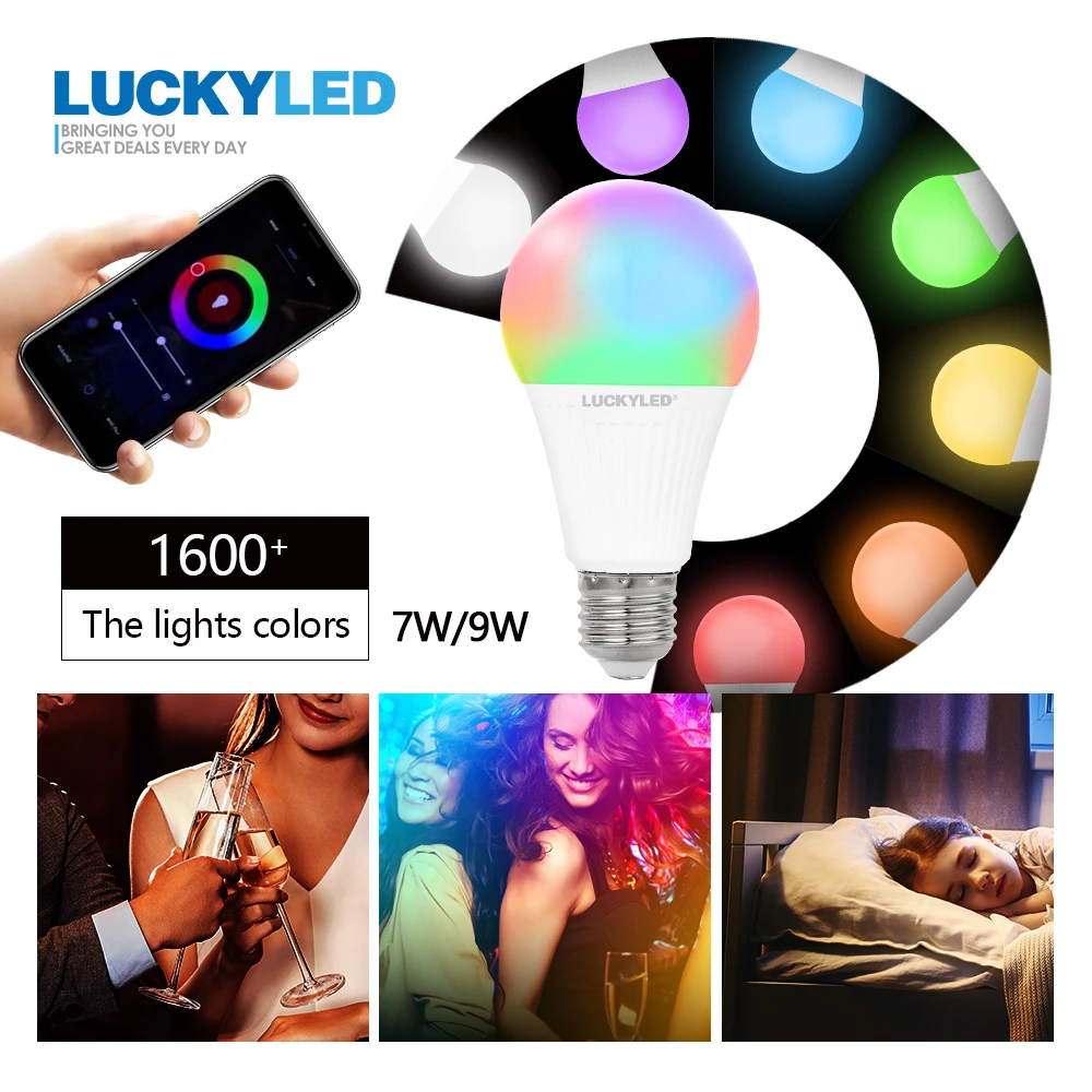 

LUCKYLED светодиодная смарт-лампа E27 9 Вт 7 Вт AC85-265V Wi-Fi волшебная лампа RGB + W + WW изменения Цвет светильник накаливания с регулируемой яркостью Све...