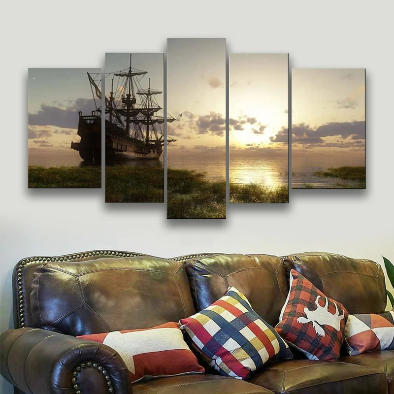 

5 Pieces Wall Art Canvas Painting Nautical Pirate Ship Landscape Poster Picture Modern For Living Room Home Decoration Modular