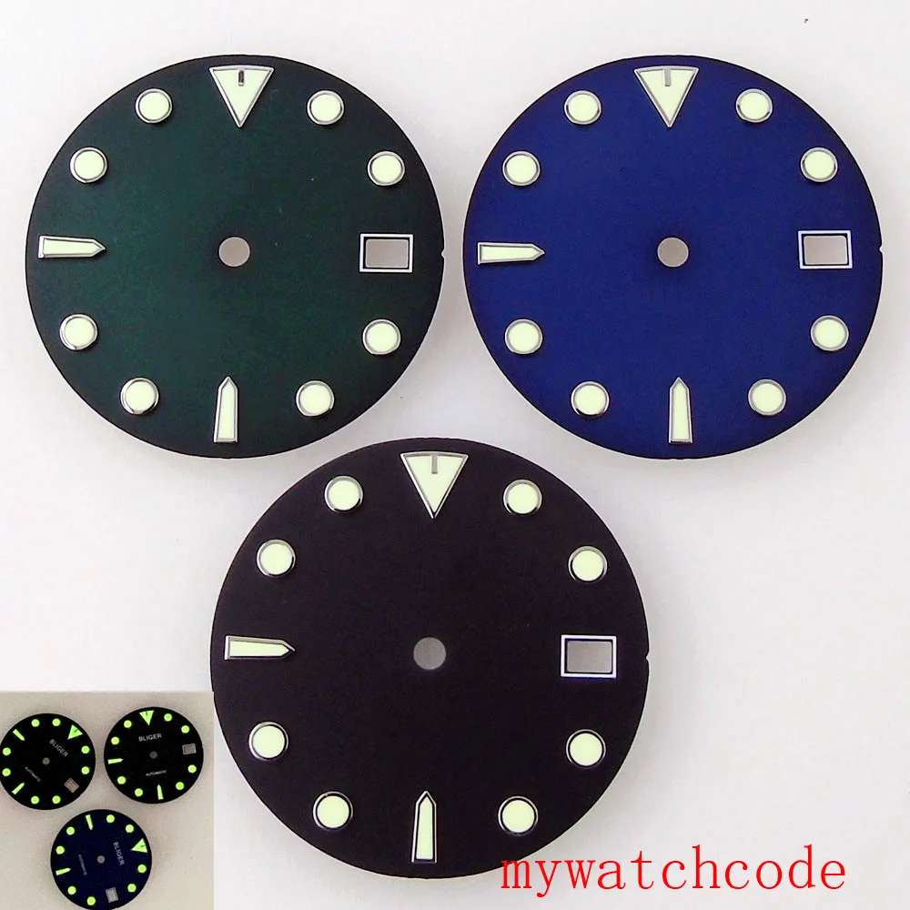 

29mm Black Green Blue Sterile Watch Dial Green Luminous Marks Indlex For NH35 Movement Dial Feet For 3/4 O'clock Position