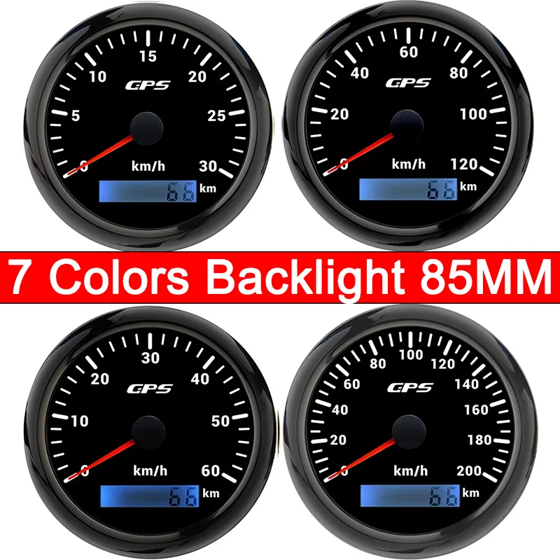 85MM GPS Speedometer Gauge 30/60/120/200KMH Speed Meter With GPS Antenna Odometer 7 Colors Backlight with Kilometer 9-30VDC
85MM GPS Speedometer Gauge 30/60/120/200KMH Speed Meter With GPS Antenna Odometer 7 Colors Backlight with Kilometer 9-30VDC