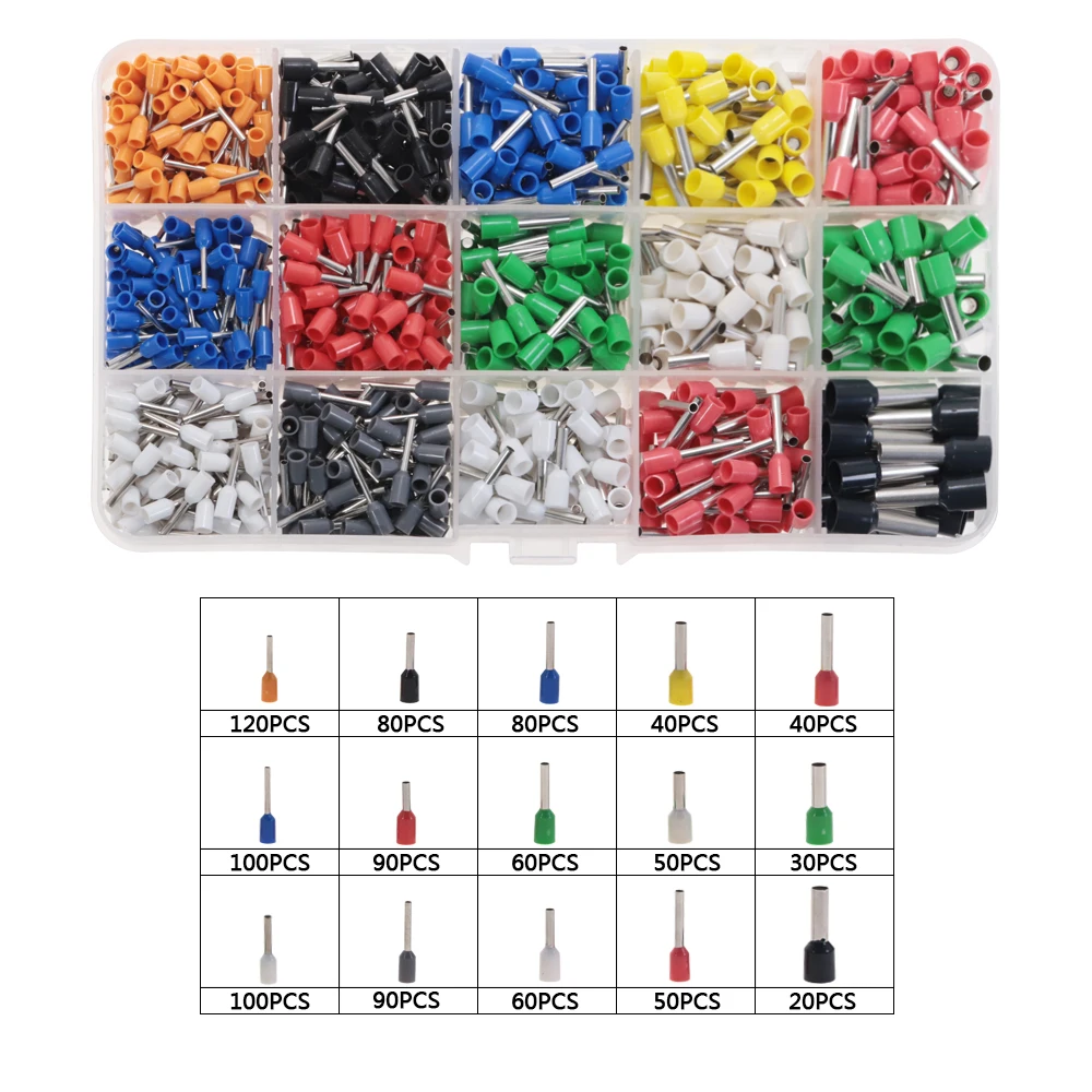1000Pcs Electric Wire Cable Wiring Crimp Terminals Connector Cold Pressed Pre-insulated Sleeve Tube Terminal Box Set E2510 E7508 |
