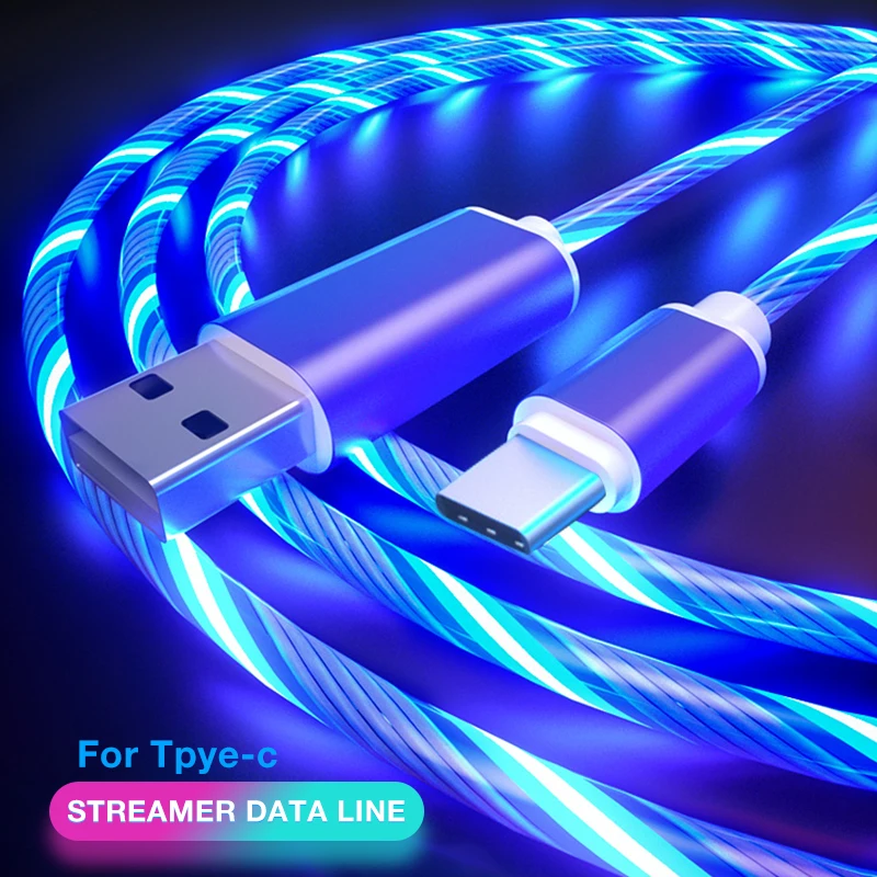 Фото Светодиодный светящийся бегущий USB кабель Тип C/Micro USB/8pin яркий для передачи данных(China)