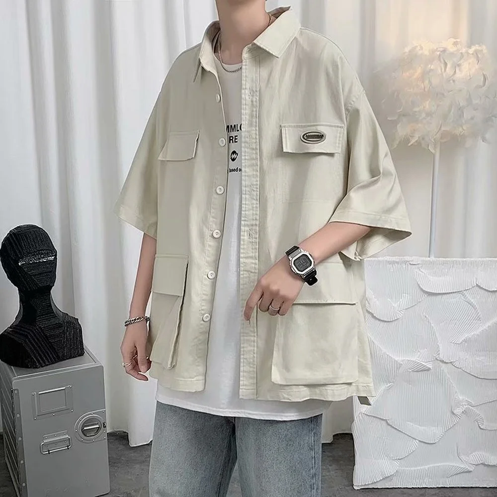 

Men Solid color Shirts Harajuku Korean Half Sleeve shirt 2021 Summer Mens vintage INS Shirt Male Broken Pocket Button Up Blourse