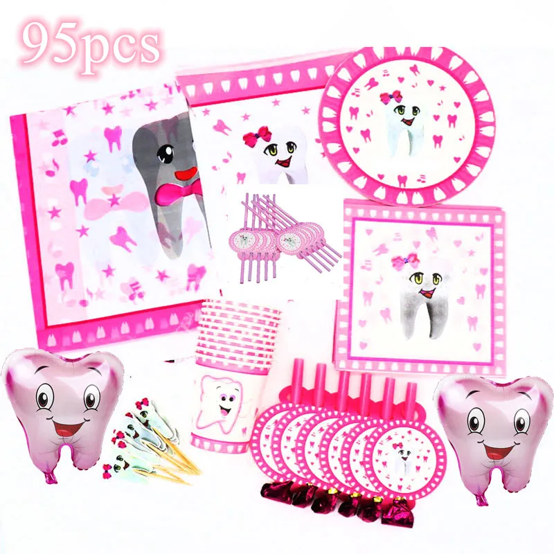 

95pcs Pink Teeth Birthday Party Supplies First Tooth Disposable Plates Cups Napkins Tablecloths Banners Girl's Party Tableware