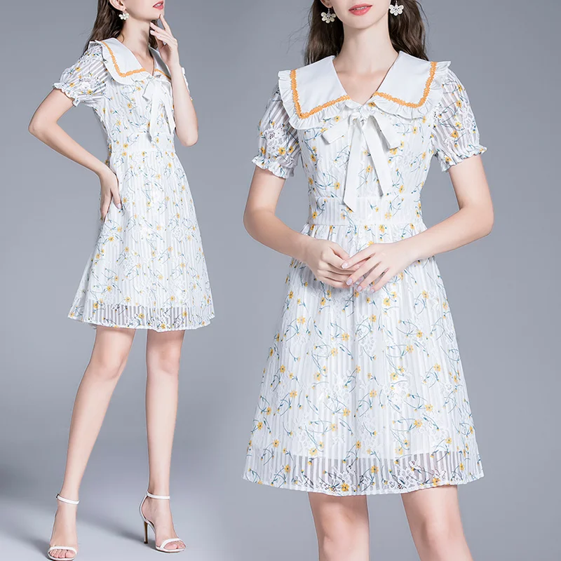 Banulin 2021 Summer Women Sweet Lace Dress Ladies Peter Pan Collar Bow Tie Ruffles Puff Sleeve Embroidery Chic Midi Dress
Banulin 2021 Summer Women Sweet Lace Dress Ladies Peter Pan Collar Bow Tie Ruffles Puff Sleeve Embroidery Chic Midi Dress